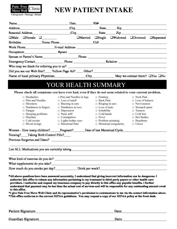 New Patient Intake Forms Printable 4587